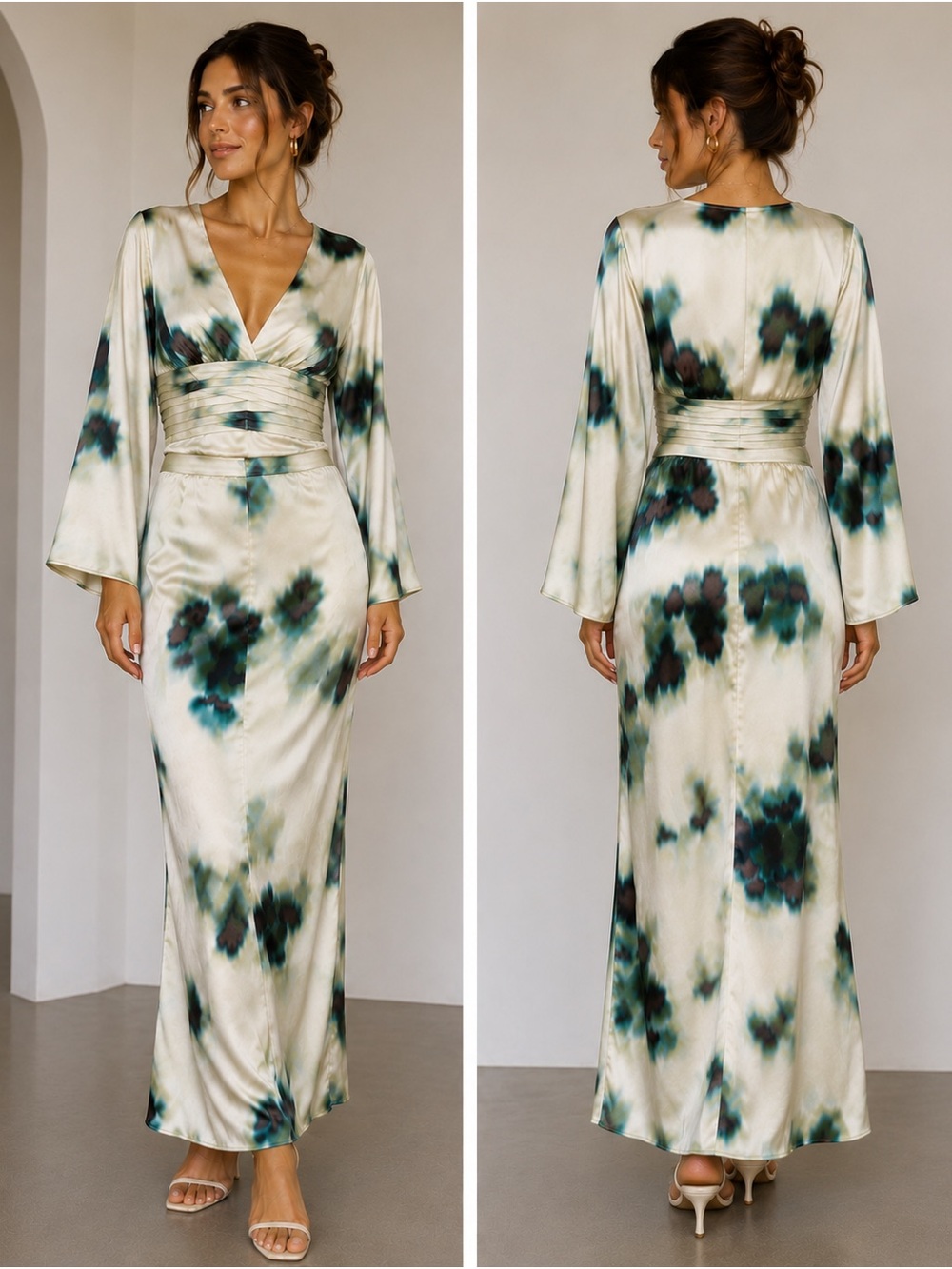 Zara Green and Cream Tie-Dye Satin Maxi Skirt and Matching Top